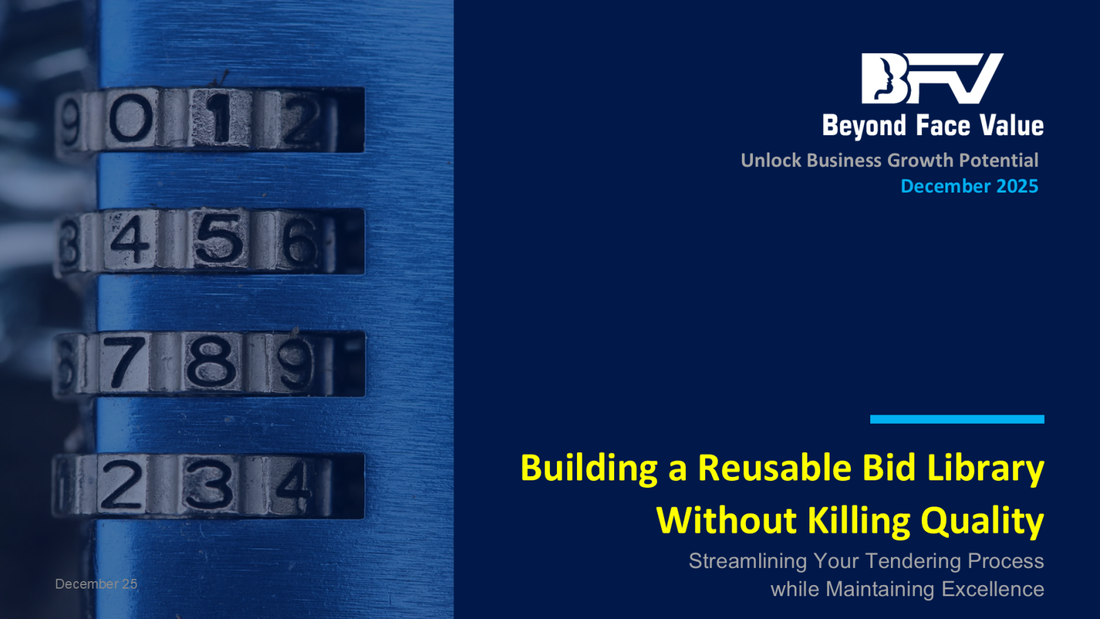 A blue background with numbered dials and text about building a reusable bid library.